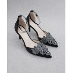 Black Pointy Toe Heels with Rhinestones Applique