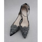 Black Pointy Toe Heels with Rhinestones Applique