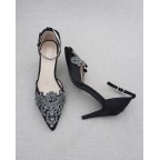 Black Pointy Toe Heels with Rhinestones Applique