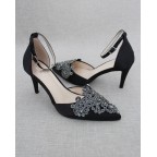 Black Pointy Toe Heels with Rhinestones Applique