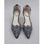 Black Pointy Toe Heels with Rhinestones Applique