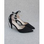 Black Satin Pointy Toe Heels with Crystal Strap