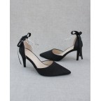 Black Satin Pointy Toe Heels with Crystal Strap