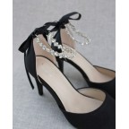 Black Satin Pointy Toe Heels with Crystal Strap