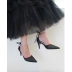 Black Satin Pointy Toe Heels with Crystal Strap