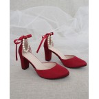 Burgundy Satin Heels with Pearls Strap