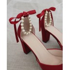 Burgundy Satin Heels with Pearls Strap