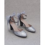 Silver Glitte Heels with Back Satin Bow