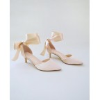 Champagne Satin Pointy Heels with Ankle Tie