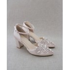 Pink Satin Heels with Rhinestones Applique