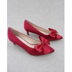 Burgundy Satin Low Heels with Bow