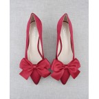 Burgundy Satin Low Heels with Bow