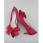 Burgundy Satin Low Heels with Bow