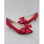 Burgundy Satin Low Heels with Bow