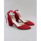 Red Satin Almond Toe Block Heels