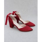 Red Satin Almond Toe Block Heels