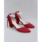 Red Satin Almond Toe Block Heels