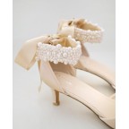 Champagne Satin Heels with Pearl Ankle Strap