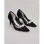 Black Crochet Lace Pointy Heels with Rhinestones