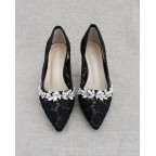 Black Crochet Lace Pointy Heels with Rhinestones