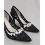 Black Crochet Lace Pointy Heels with Rhinestones