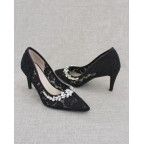 Black Crochet Lace Pointy Heels with Rhinestones