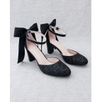 Black Glitter Heels with SATIN BACK BOW