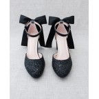 Black Glitter Heels with SATIN BACK BOW