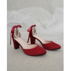 Burgundy Satin Heels with Pearls Ankle Strap